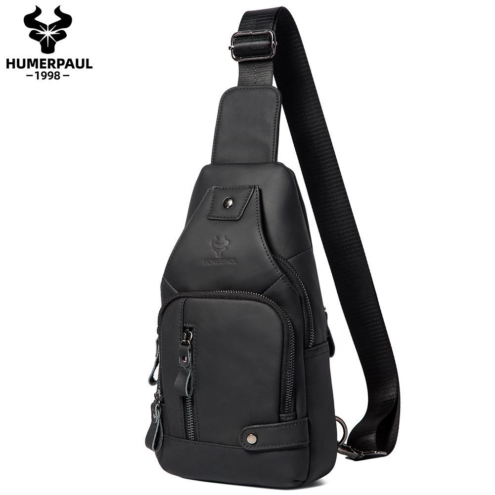 Hummer Paul Men s Genuine Leather Chest Bag with USB - Large Capacity Crossbody for Tablets чёрный