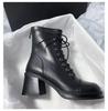 Fashion Womens Boots Fashion Thick Heel Ankle Boots Luxury High Top Leather Boot Lace Up Motorcycle Boots Women Middle Tube Leather Boot
