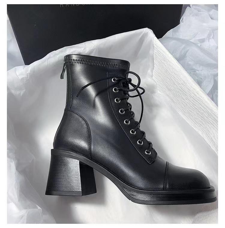 Fashion Womens Boots Fashion Thick Heel Ankle Boots Luxury High Top Leather Boot Lace Up Motorcycle Boots Women Middle Tube Leather Boot