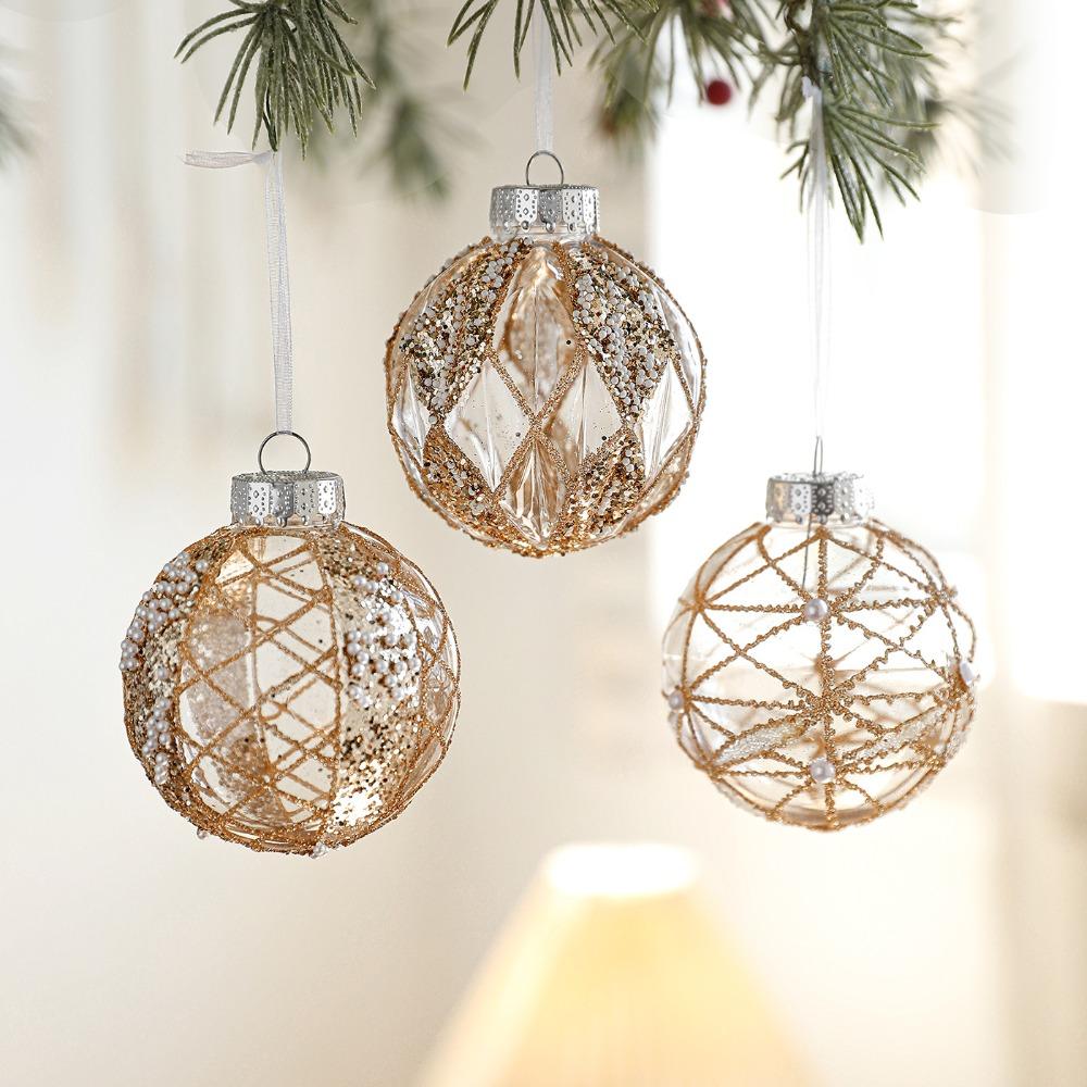 8CM Clear Bauble Christmas Tree Ball Gold Glitter Painted Christmas Hanging Ball  Festive