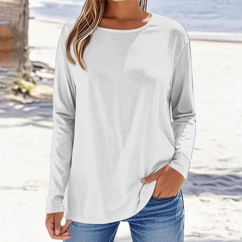 Women's Fashionable Casual Color Long Sleeved Round Neck Top Round Neck Top