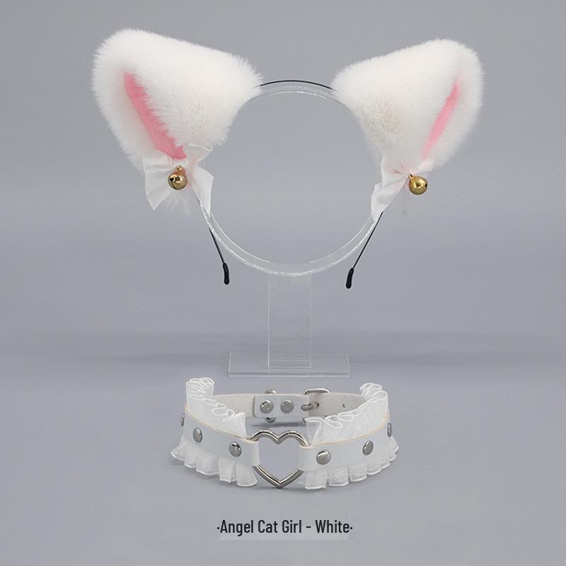Lolita Fox Ear Cosplay Cat Headband & Erotic Bell Necklace Set with Cute Bow.
