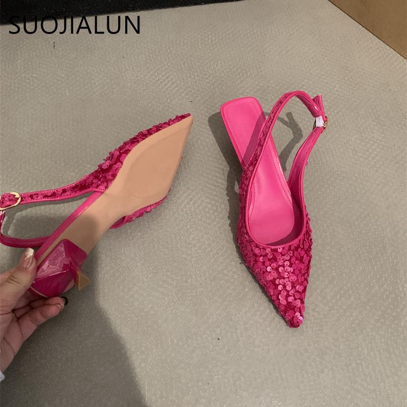 Fashion SUOJIALUN 2025 New Bling Women Sandal Fashion Pointed Toe Shallow Slip On Ladies Elegant Slingback Shoes Med Heel Pumps Shoes