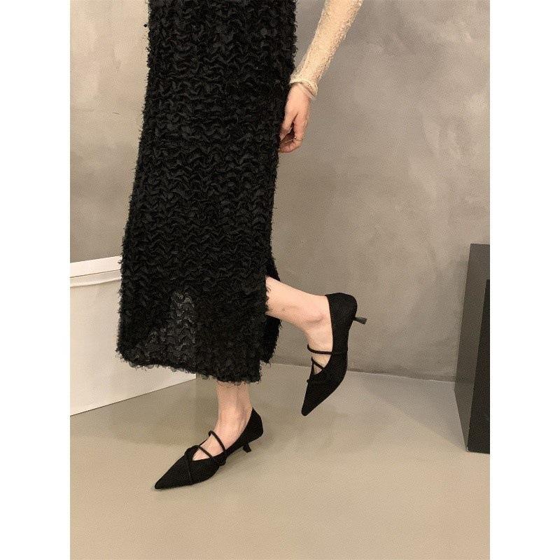 French kitten with suede red single shoes women's shoes spring temperament socialite black pointed high heels