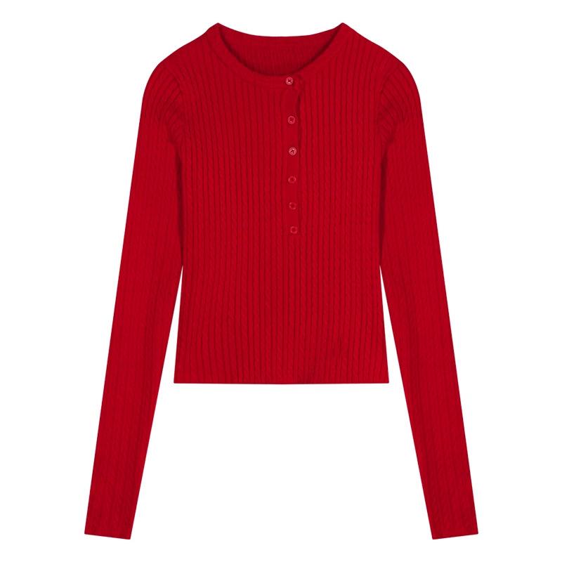 Red twist semi-open neck long-sleeved knitted sweater women's autumn and winter short slim-fit sweet Spice Girl sweater