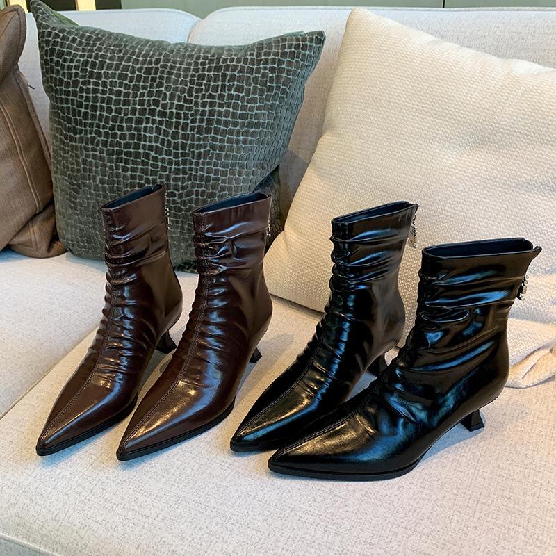 Wide large size women's shoes fat feet Martin boots brown high heel short boots temperament versatile large tube circumference thin boots