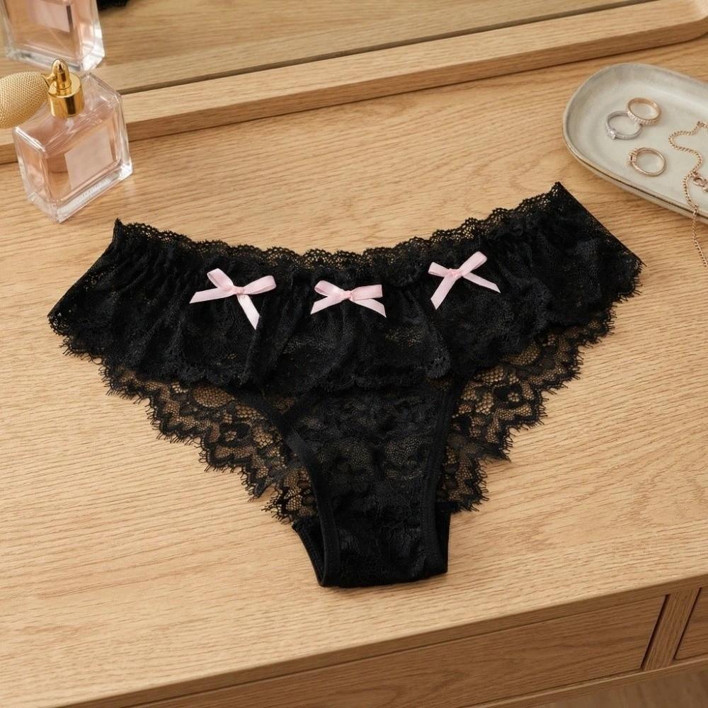 Japanese Style Thong for Women Low Waist Mini Bow Underpants Sweet Bowknot Lace Panties Female