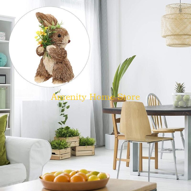F26C Natural Straw Rabbit Figurine Easter Decors Sculpture for Safe Nontoxic Home Decors Table Desk Placement