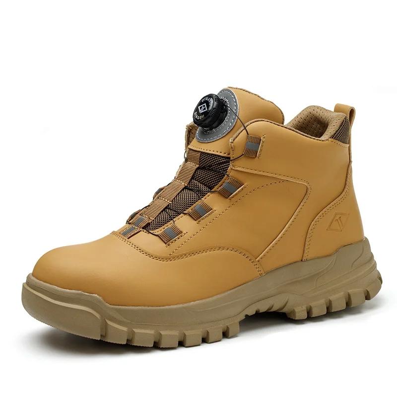 Black Artificial Leather Winter Fashion Rotating Buttons Safety Shoes Men Waterproof Work Boots Men Anti-puncture Protective Footwear