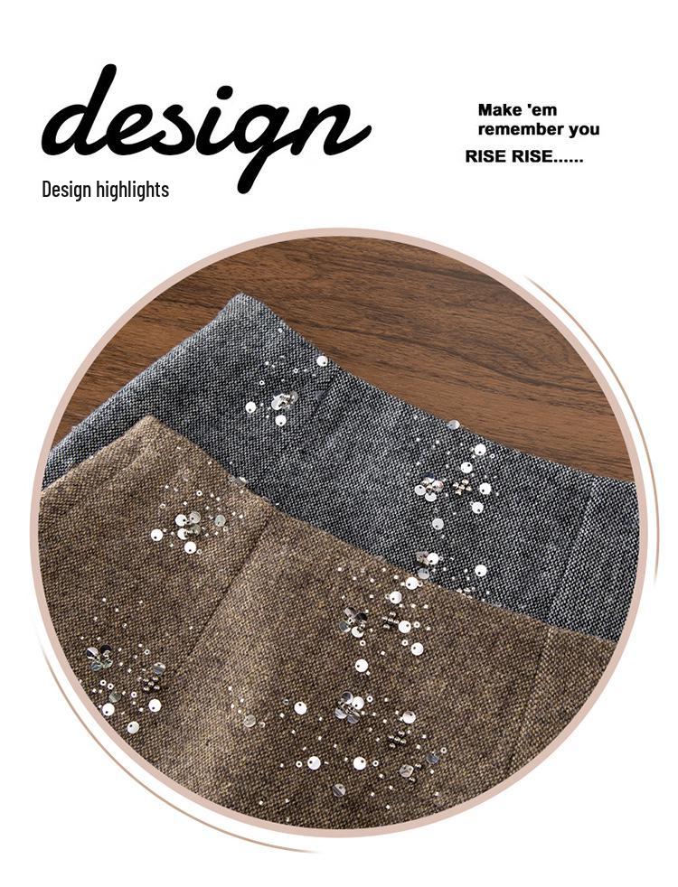 Sequined Woolen High-Waist Straight Skirt for Women