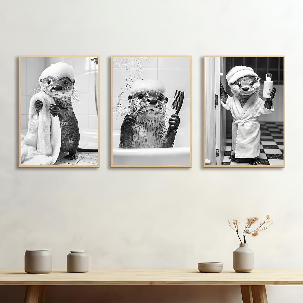 3 Pezzi Lontra Divertente che Fa il Bagno Poster da Bagno su Tela Bianco Nero Lontra Carina Animale Stampa Artistica da Parete per Soggiorno Toilette Decorazioni per la Casa