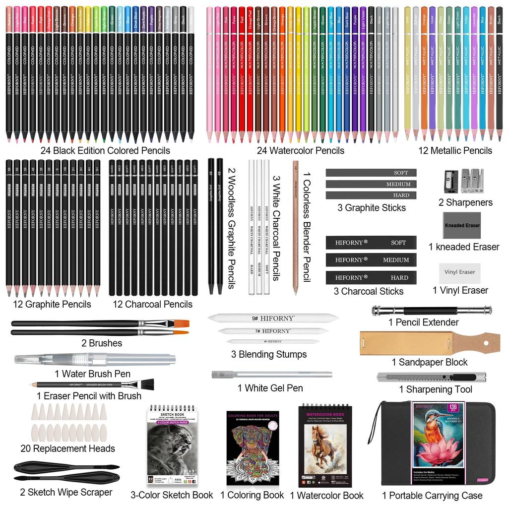 HIFORNY Drawing Sketch 136 Professional Art Metallic Blending Watercolor Coloring in Zipper Case & Set, Pieces, Supplies Graphite, Charcoal, Color,