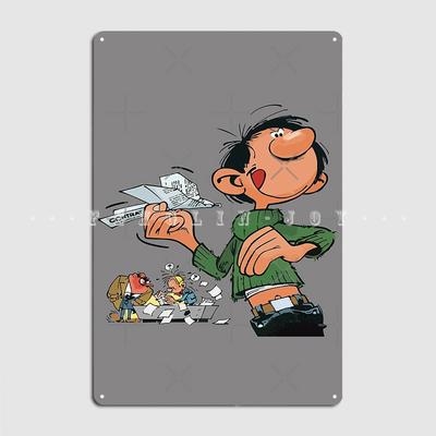Gaston Lagaffe In Ufficio Segno Metallico Grigio Murale Pub Creare Targhetta da Parete Segno di Latta Poster