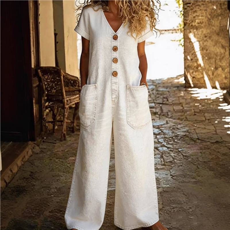 26Y2 Neue Damen Vintage Sommer Knopf Tasche Bequem Kurzarm Lässig Einteiler Weiter Bein Latzhose Kleid