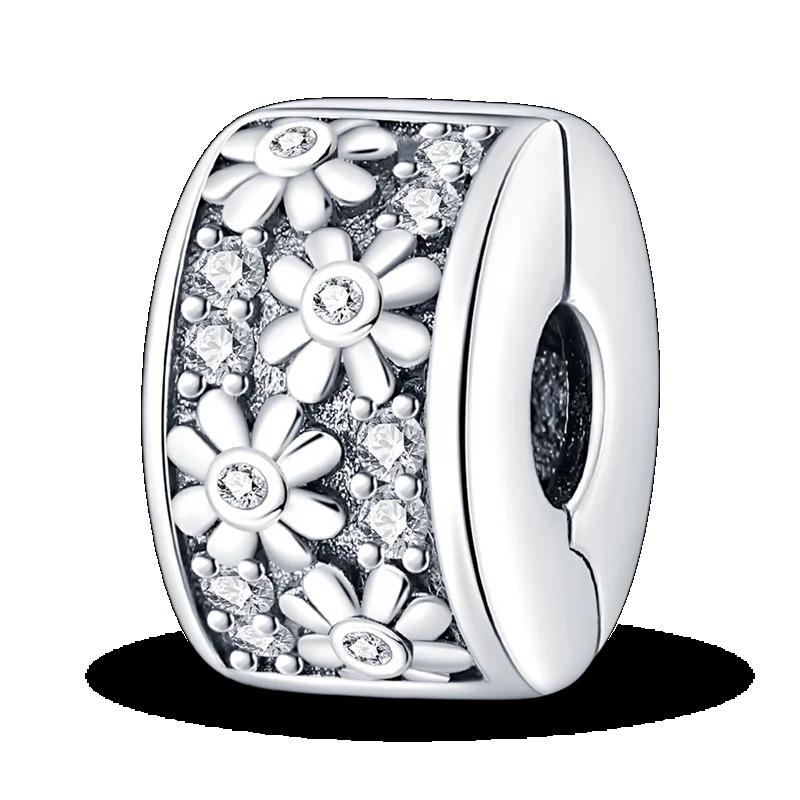 Silver Clasp 925 Silver CZ Pave Clip Charms Daisy Beads Stopper Safety Chain Fit Original Bangle Bracelet Jewelry Clip