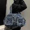 Women'S Washed Denim Tote Bag Multi-Pocket Retro Oblique Span Bag