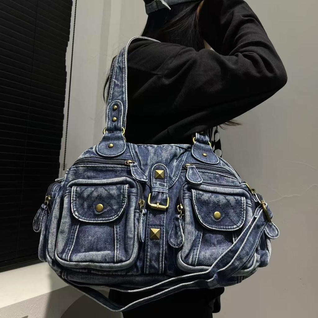 Women'S Washed Denim Tote Bag Multi-Pocket Retro Oblique Span Bag