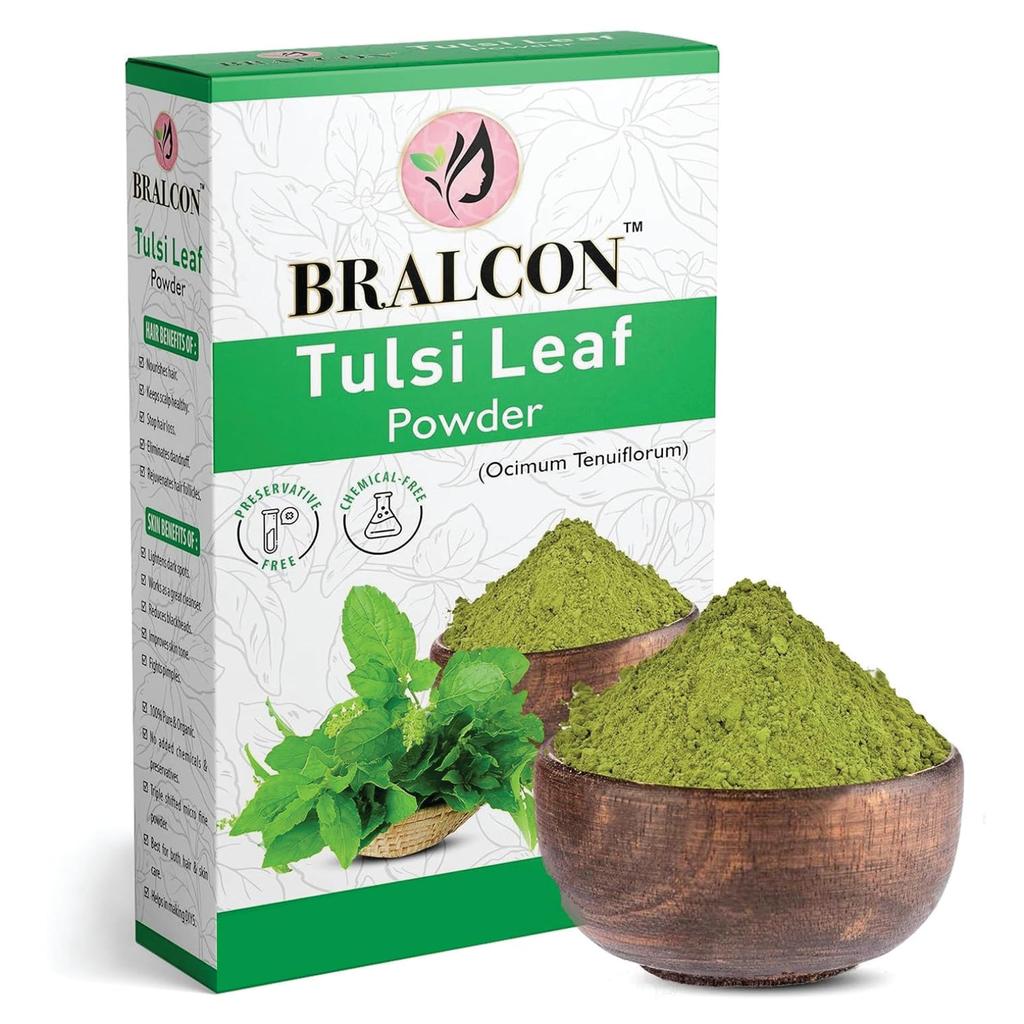 BRALCON Bio Tulsi-Blattpulver 100g | 100% Natürliches Basilikumblattpulver | Ocimum Sanctum | für Gesundheit, Haut & Haare | Entgiftend, Reinigend