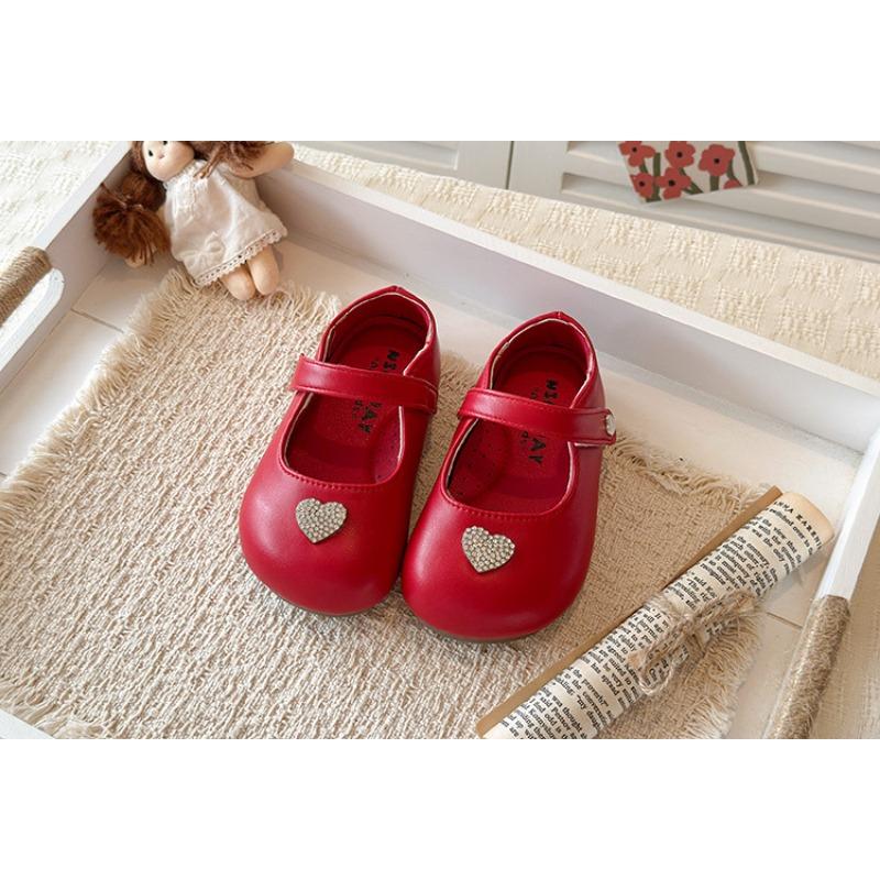 British Style Korean Little Girls Rhinestone Heart Princess Soft Sole Leather Shoes