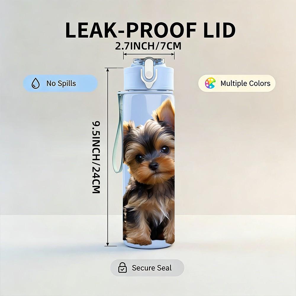 1PC Front Facing Yorkie Puppy 750ml Color Plastic Sports Water Bottle Leakproof Flip Straw Lid Suitable for Sports Office Home Use