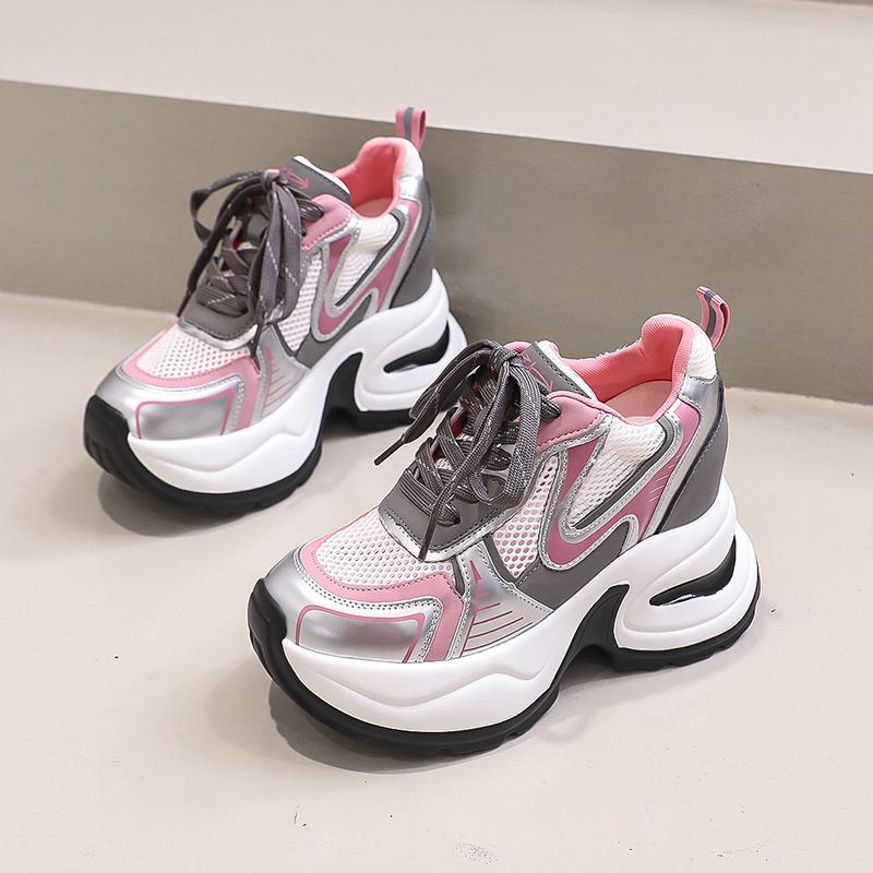 Fashion High Platform Casual Lace-up Sneakers for Women 2025 Fashion Designer Lightweight Breath Mesh Leather Thick Heel Sport Dad Shoes