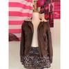 Autumn Winter Vintage Brown Short Hooded Jacket Women's Full Sleeve Slim Detachable Fur Collar Warm Female Y2k Outwears