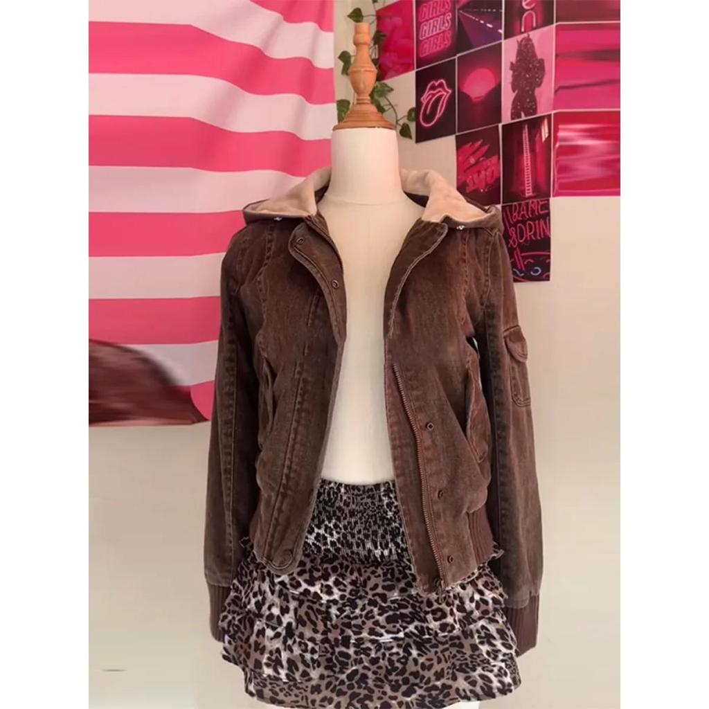 Autumn Winter Vintage Brown Short Hooded Jacket Women's Full Sleeve Slim Detachable Fur Collar Warm Female Y2k Outwears