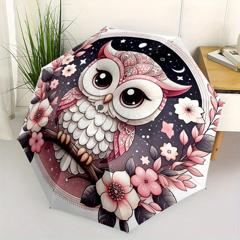 

1pc Cute Owl & Flowers Fully Automatic Folding Portable Umbrella, 8 Iron Frames, Three-Fold Design, Suitable for All Seasons, Suitable for Outdoor Use