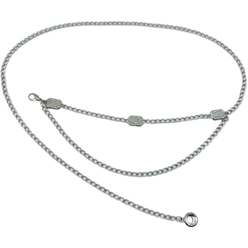 Small Fragrance Style Waist Chain Metal Silver Belt With Water Diamond Embellishments For Women