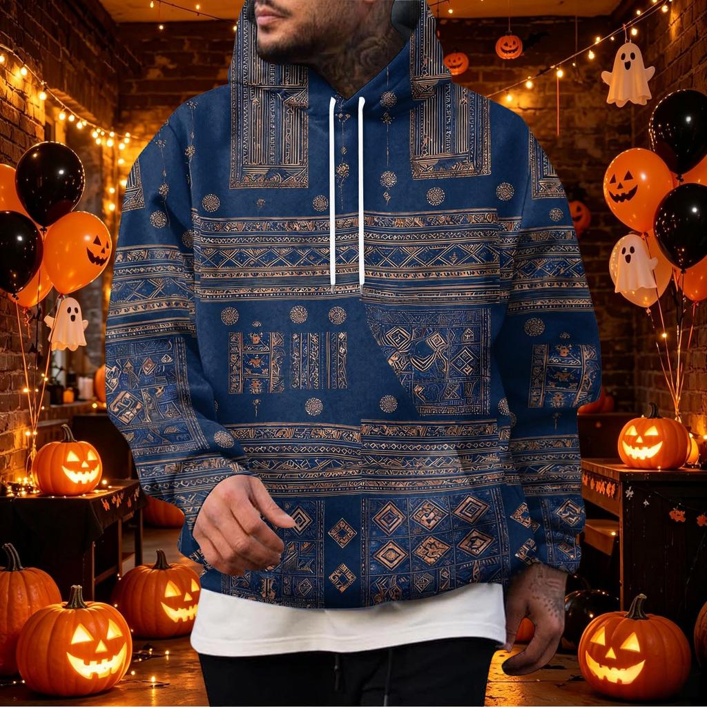 Férfi Vintage Pulóver Nyomással és Patchwork Mintával, Egyszínű Zsebes Alkalmi Felső