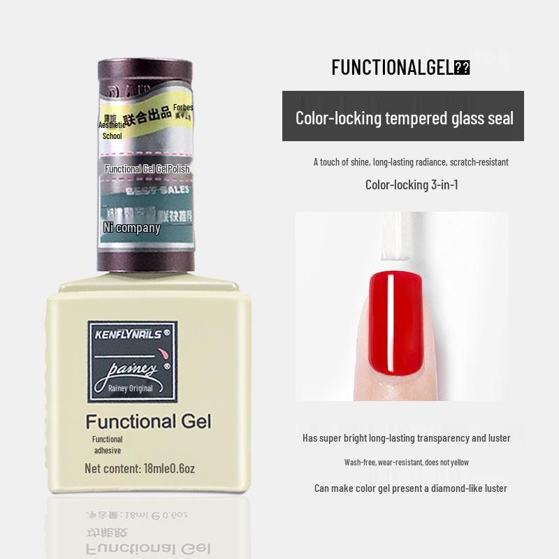 Rainie Nail Gel Builder: Strengthening Base & Tempered Top Coat with Matte Glass Sealer & Nail Tip Adhesive.