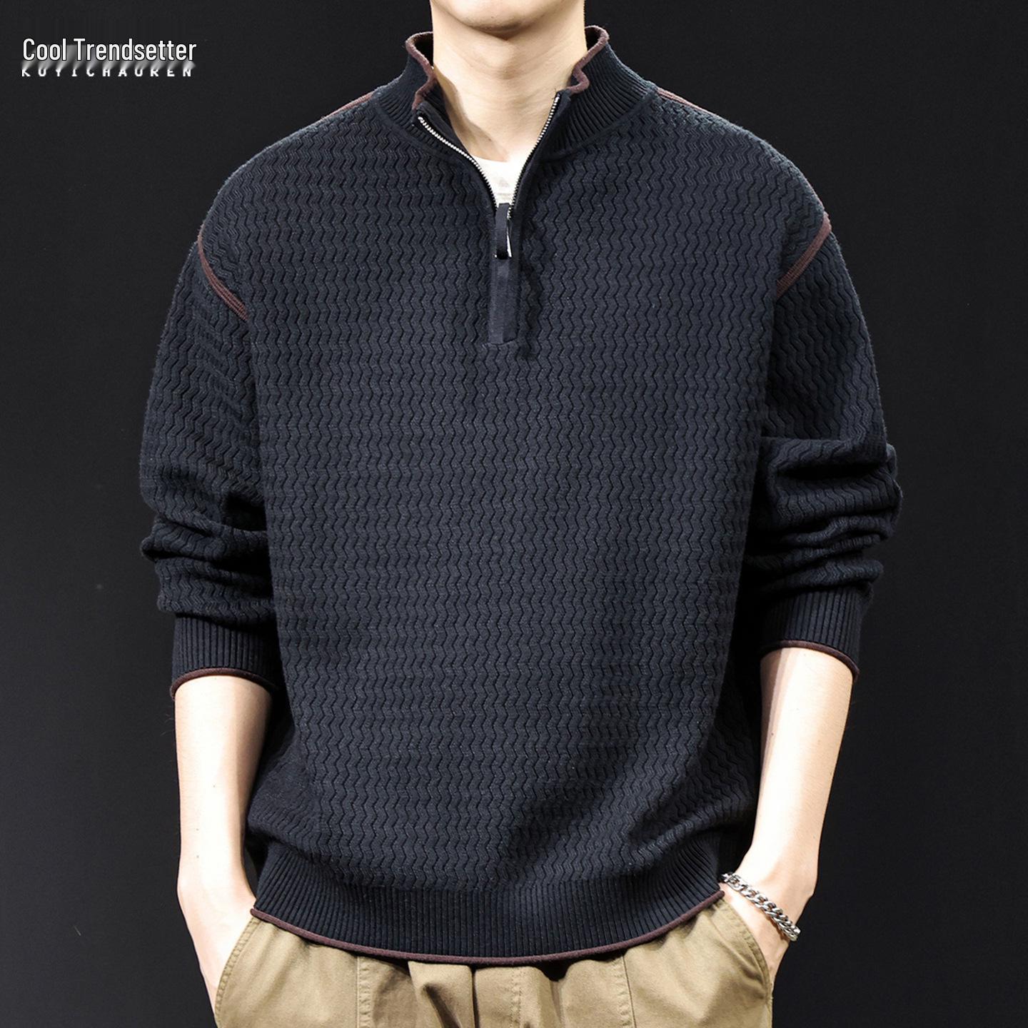 

Men s 2025 Wave Pattern Knit Sweater - Contrast Color, Half-High Collar, Plus Size, Casual Autumn/Winter Fashion. 2XL (160-180 jin) чорний