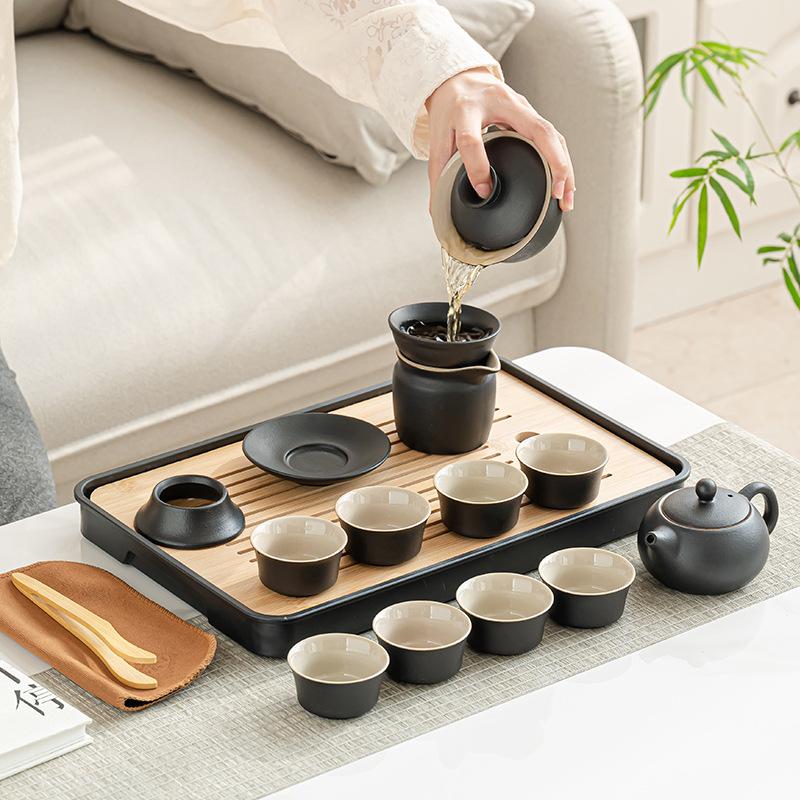 Black Pottery Kung Fu Tea Set, Full Set, Home Office Teapot, Simple Cover Bowl, Tea Can, Complete Set of Tea Trays