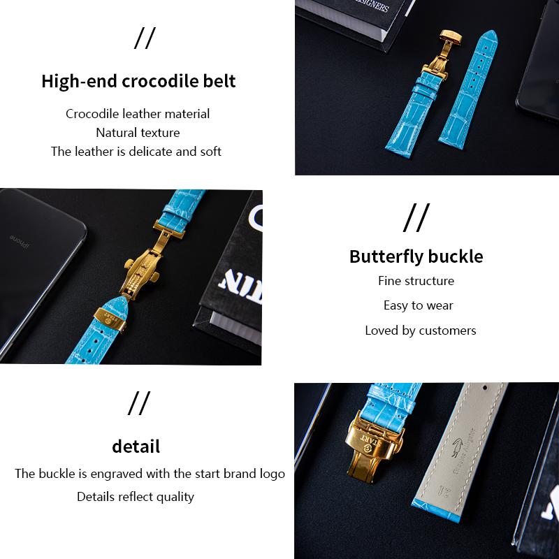 START-Turquoise Men's Watch Diamond Watch Week Function Automatic Mechanical Watch Butterfly Buckle Alligator Leather Strap