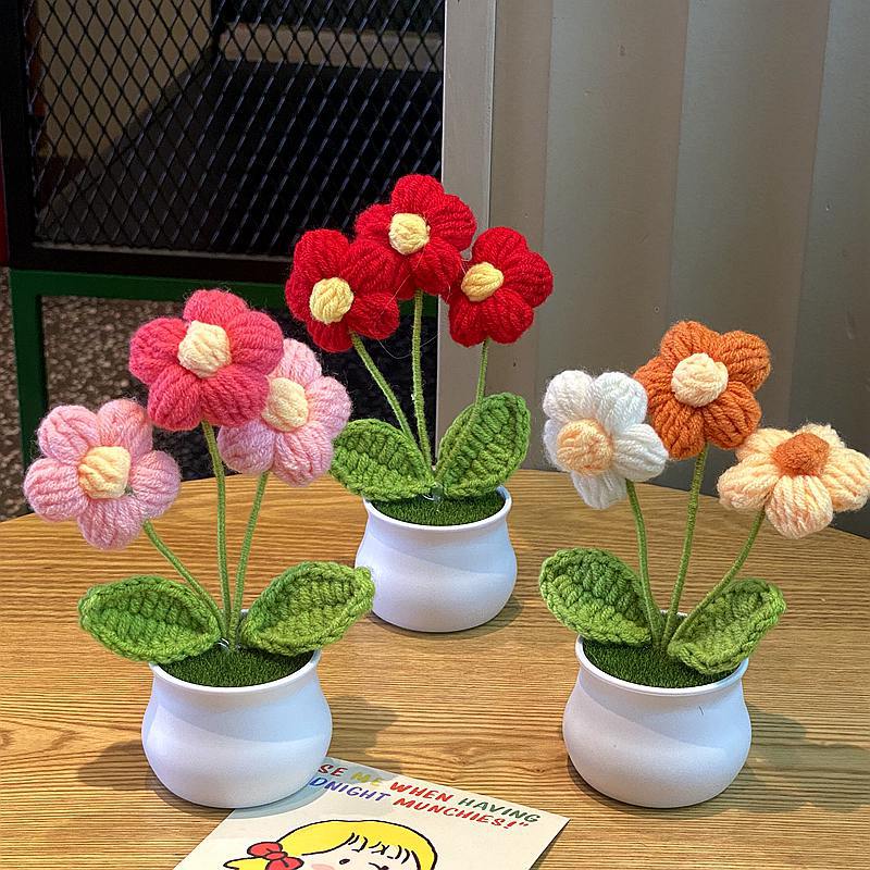 1PC Handmade Weaving Mini Potted Flowers DIY Home Office Desktop Decoration Potted Plants Wool Home Decoration