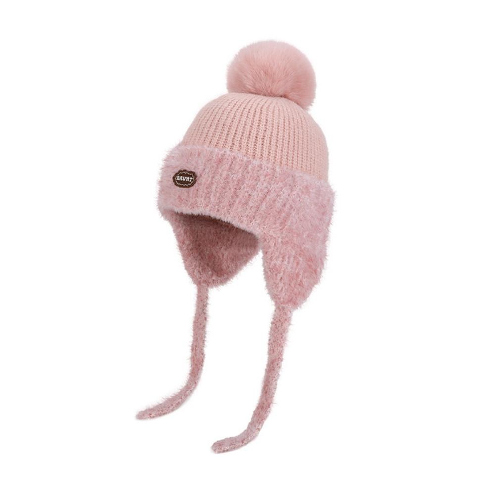 Kids Winter Knitted Earflap Hat with Pom Pom, Plush Lining and Long Ties, Warm Windproof Polyester Cap for Ages 4–10Years