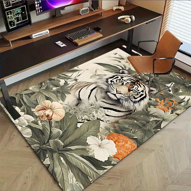 1PC Tiger Flowers Non-Slip Floor Carpet, Office, Family, Bedroom, Studio - Large Area Rug, Vibrant Colors, Longlasting Material-X410