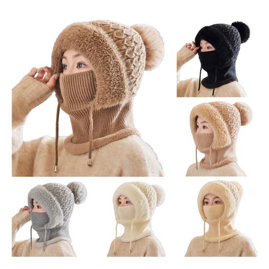 Knitting Hat Women Windproof Insulated Design Winter Hat with Plush Ball Unique Texture 3-in-1 Thickened Hat Face Guard Scarf