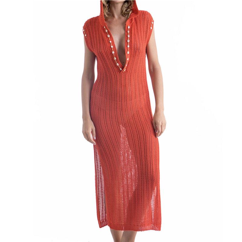 Cover-Ups 2024 Sexy Deep V-Neck Hoodie Knitted Summer Beach Dress Long Crochet Tunic Swim Suit Cover