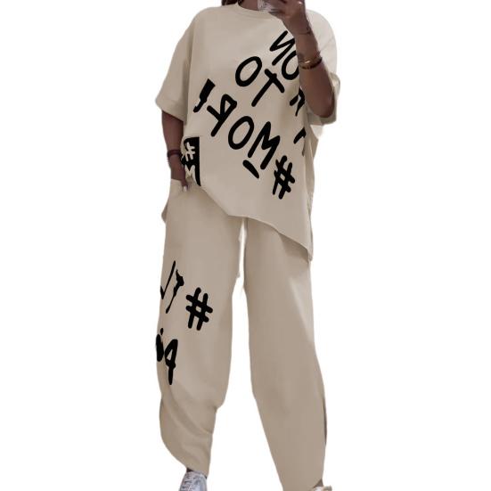 2Pcs/Set Women Summer Outfit O-Neck Short Sleeve T-shirt Waist Ties Pockets Harem