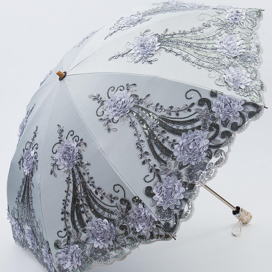 Lace Embroidery Sun & Rain Dual-Use UV Protection Folding Parasol Umbrella