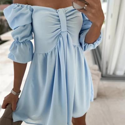 Women Casual High Waist Mini Dress One Shoulder Short Dress Fashion Eleggant Ladies Dresses Solid Color Party Puff Sleeve Dress