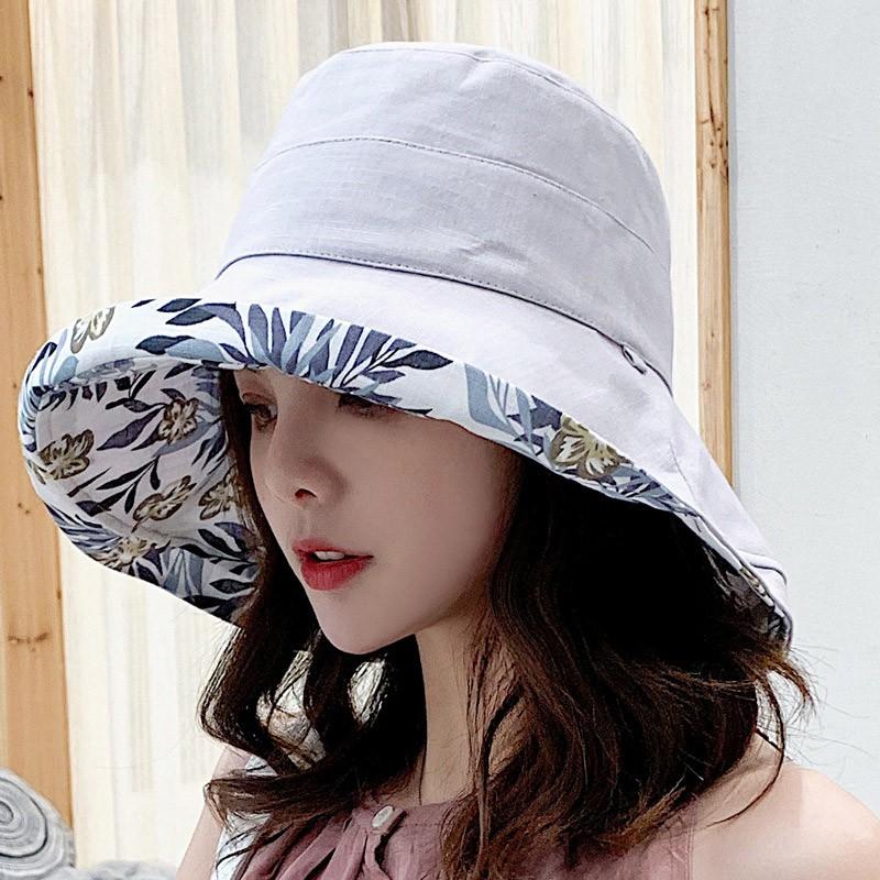 Summer Women Fisherman Hat Solid Flower Print Double Sided Bucket Hats For Ladies Outdoor Travel Beach Sunscreen Cap