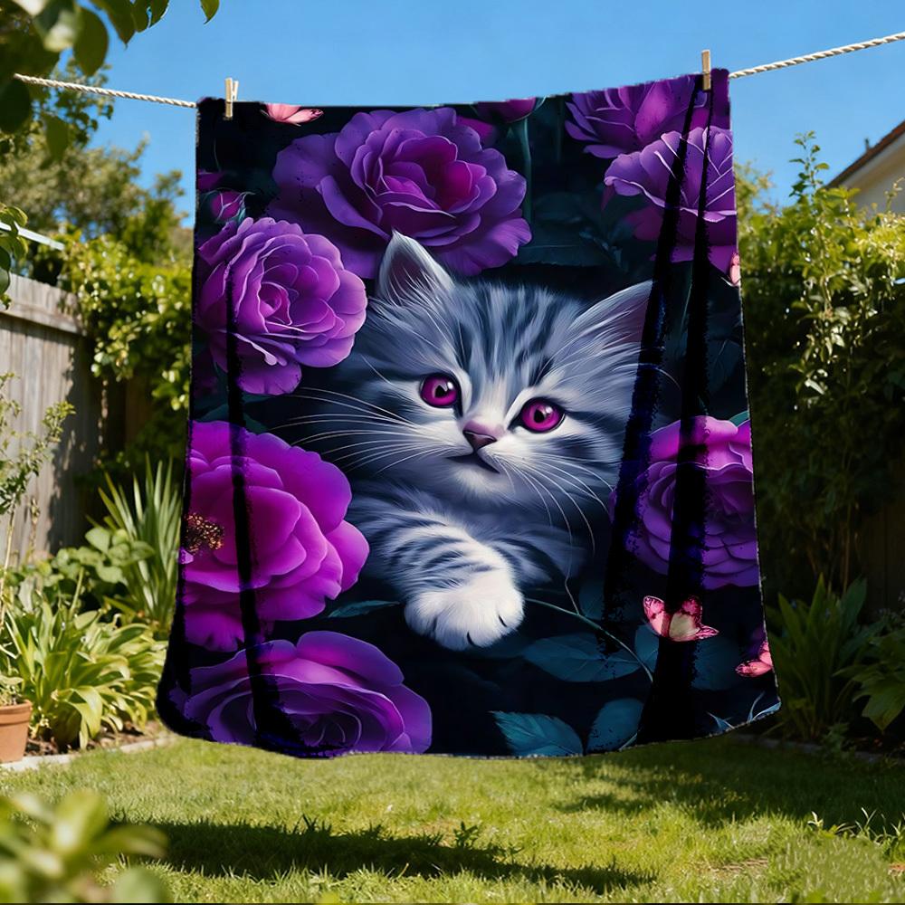 1pc Cat Roses Outdoor Blanket - Soft Flannel Cozy for Travel & Camping - All-Season Warm Bed Cover, Machine Washable yy251229102