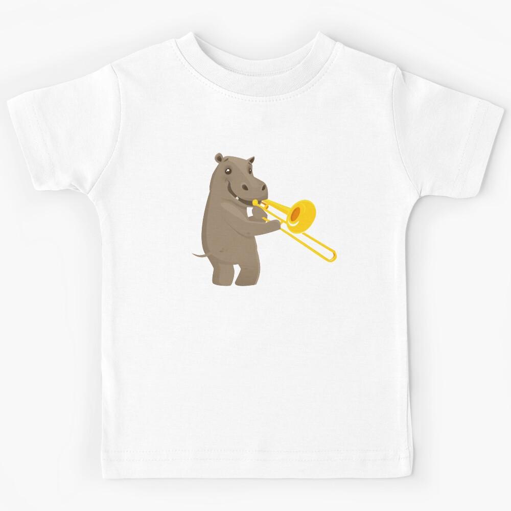 Funny hippo playing music with trombone Kids T-Shirt 130