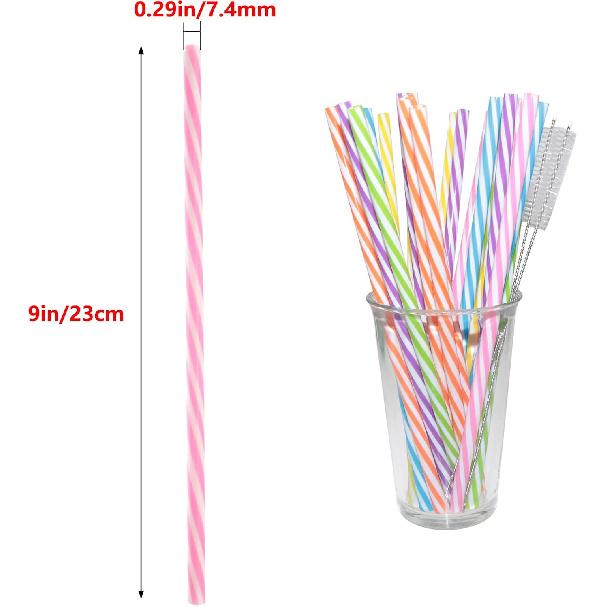 Bicolor Spiral Stripe Reble Plastic Straight Straws Colorful 9in + Brush