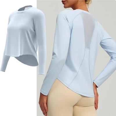 Spring Summer  Women's Yoga Top Loose Mesh Breathable Sports Long Sleeve T-shirt Basic Solid Color Top Riding Clothes