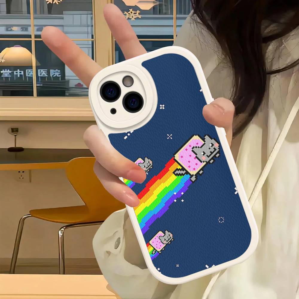 Cute N-Nyan Cat For IPhone 16 15 14 16E 13 12 11 Pro Max Plus Phone Leather Case