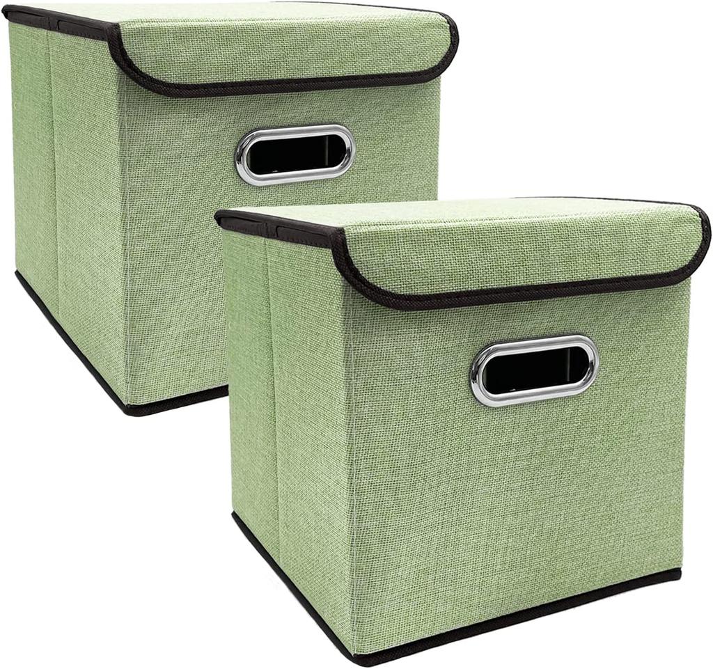 2 Pezzi Contenitori Pieghevoli con Coperchio 25*25cm Cestini Portaoggetti in Tessuto di Lino Lavabili Scatola Decorativa