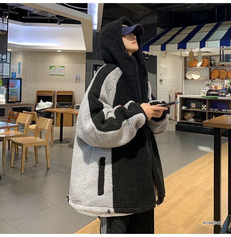 Men's Winter Lambswool Hooded Jacket: Loose, Plush, Trendy Korean Style for Couples.